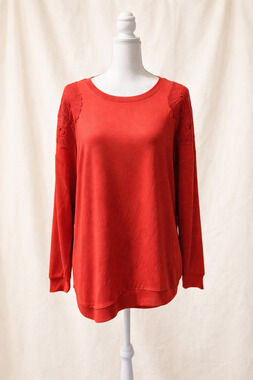 JM Sportswear XL Red Lace Shoulder Top Minimalist Soft Romantic Feminine Classic
